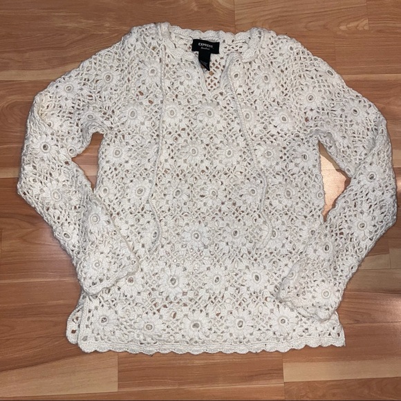 EXPRESS Handknit Open Knit Cream Ivory  granny chic Crochet Wool  Sweater Small - Picture 12 of 13
